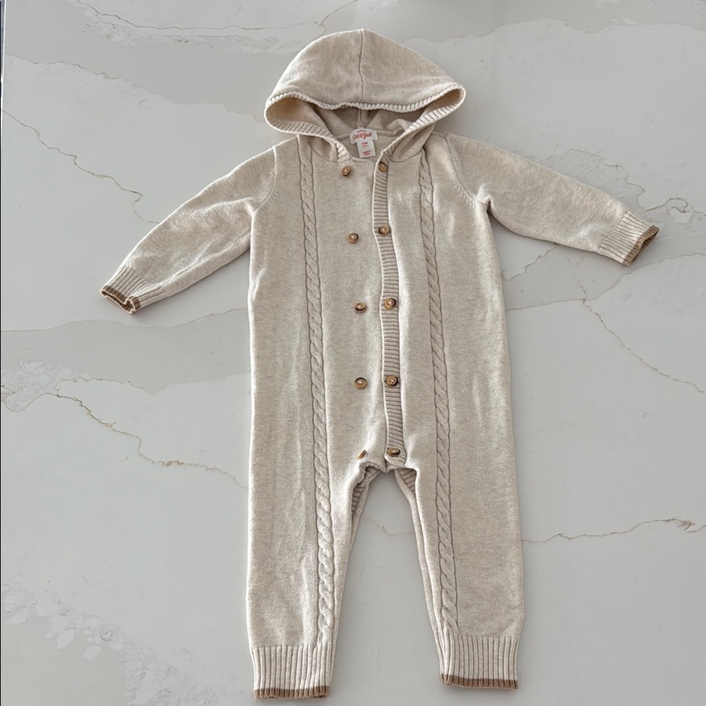 Cream Hooded Baby Onesie with Button Details
